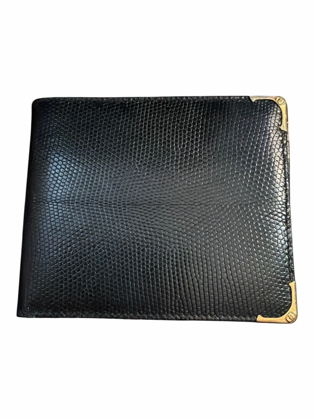 Vintage Gucci Black Lizard Skin Bifold Wallet Gold Corners 034-116-0455